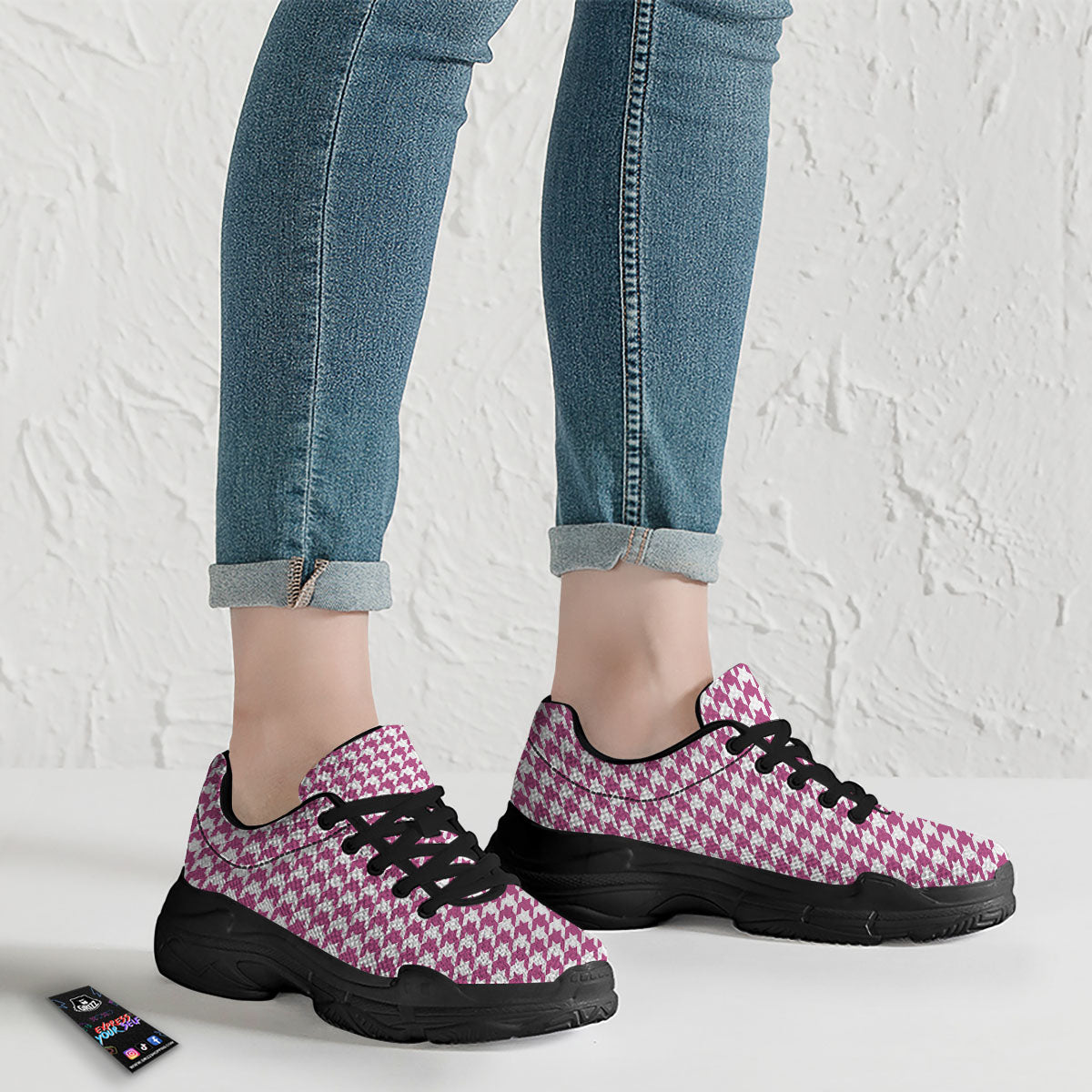 Houndstooth Pink Print Pattern Black Chunky Shoes-grizzshop