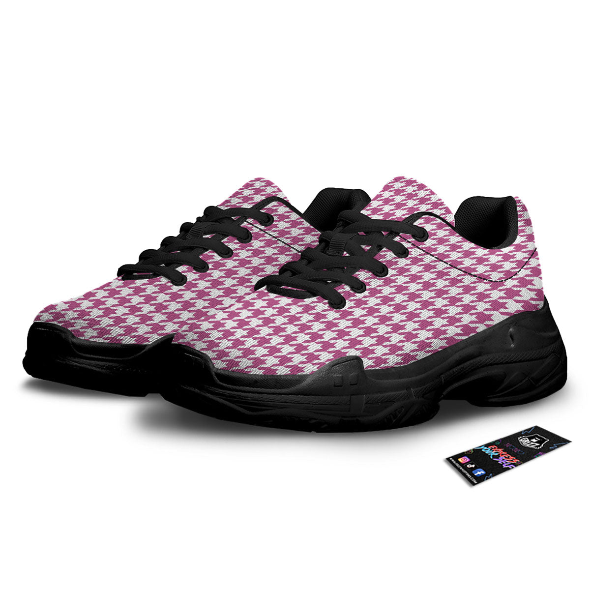 Houndstooth Pink Print Pattern Black Chunky Shoes-grizzshop
