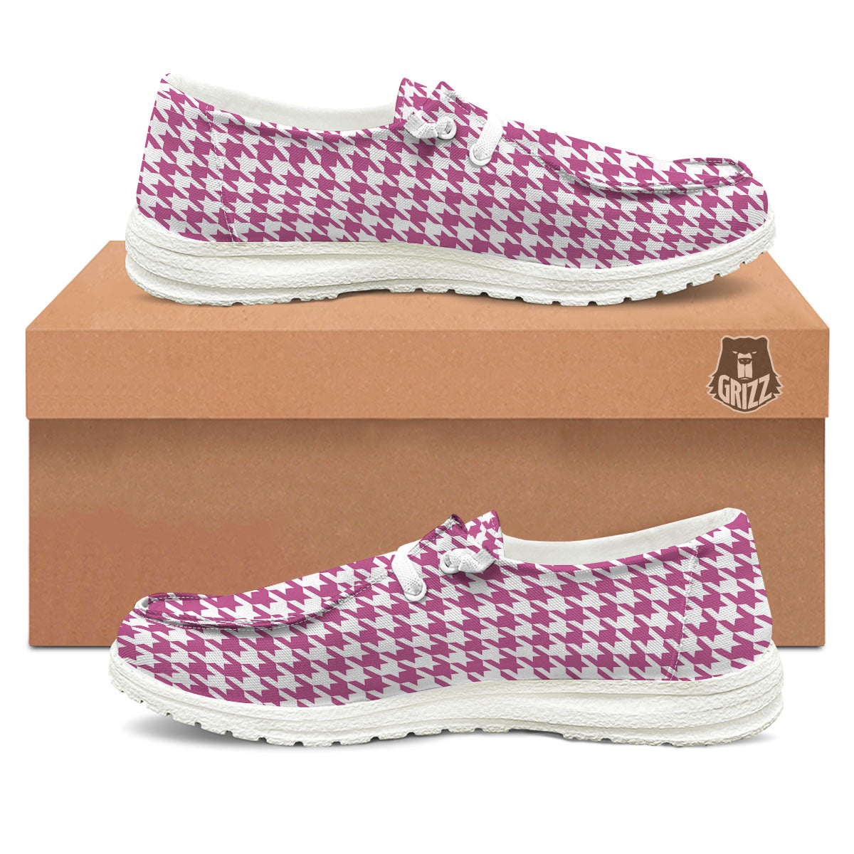 Houndstooth Pink Print Pattern Black Loafers-grizzshop