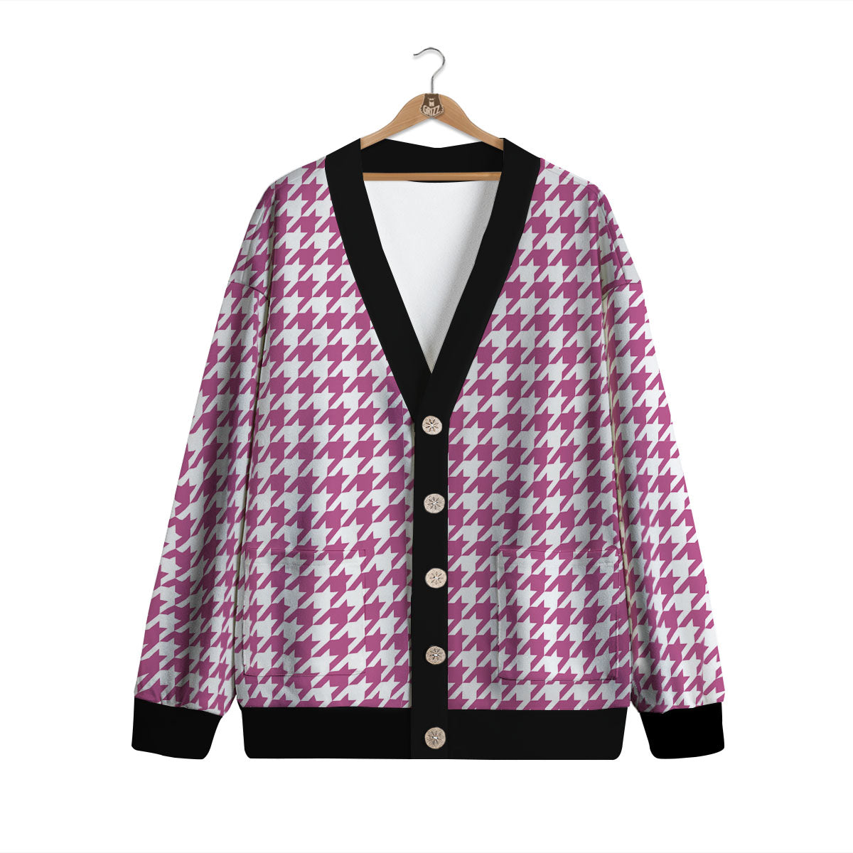 Houndstooth Pink Print Pattern Cardigan-grizzshop