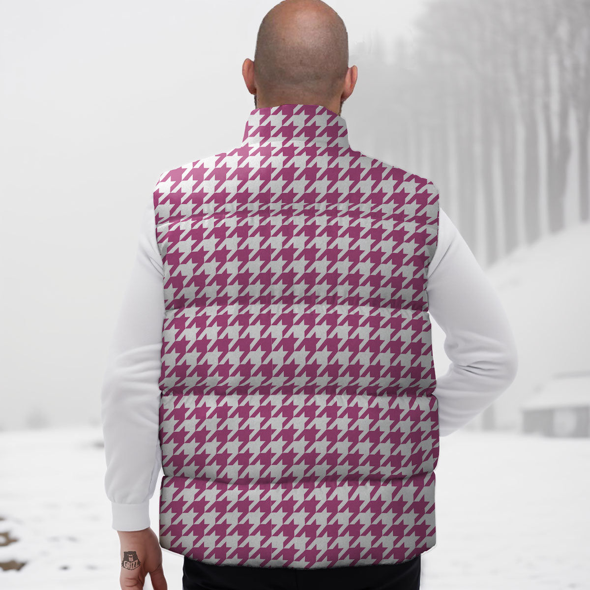 Houndstooth Pink Print Pattern Down Vest