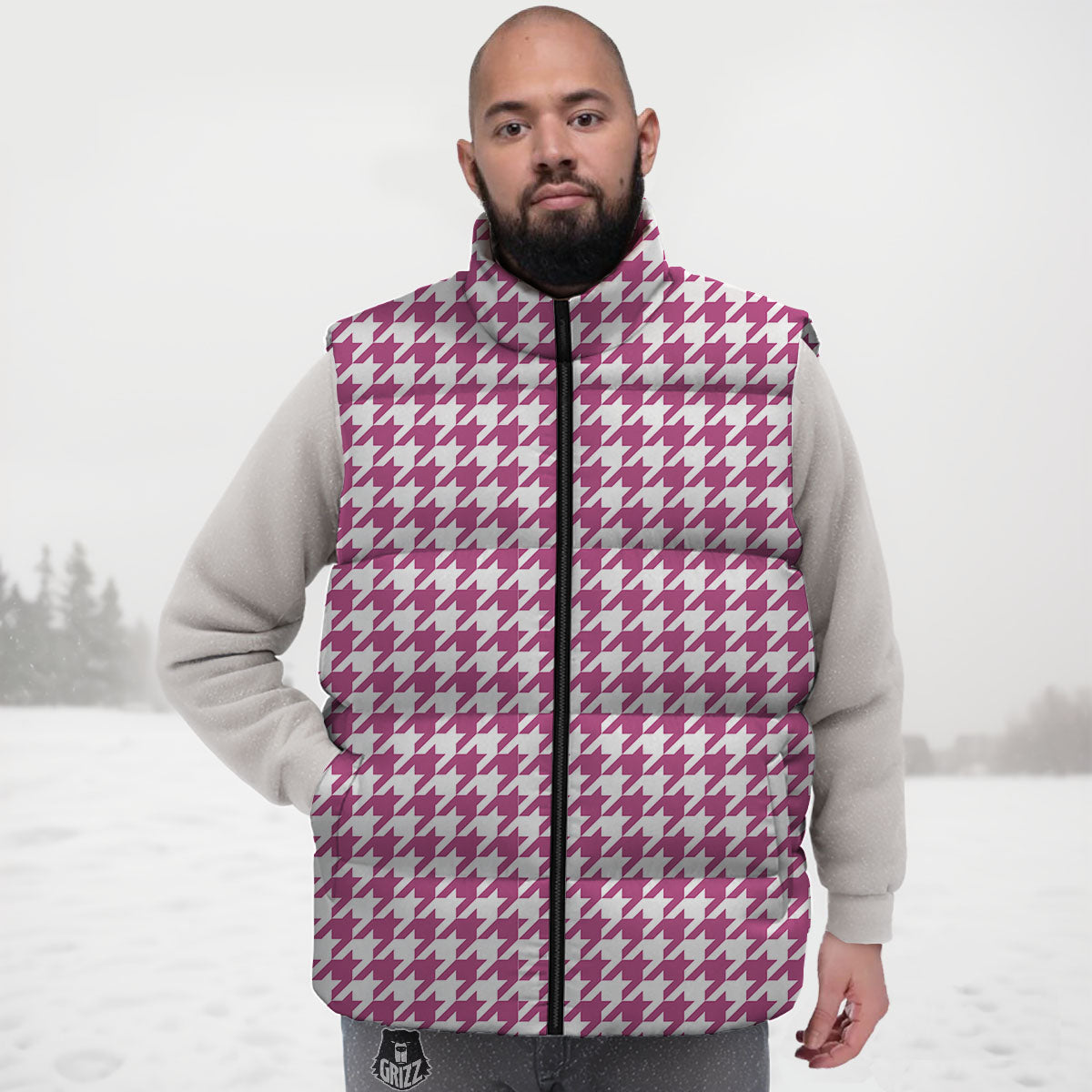 Houndstooth Pink Print Pattern Down Vest
