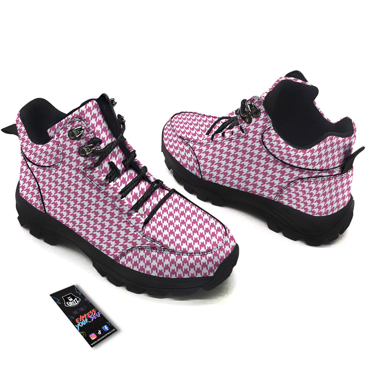 Houndstooth Pink Print Pattern Hiking Shoes-grizzshop