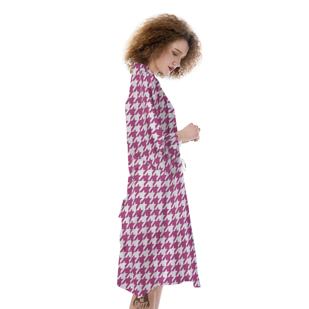 Houndstooth Pink Print Pattern Kimono-grizzshop