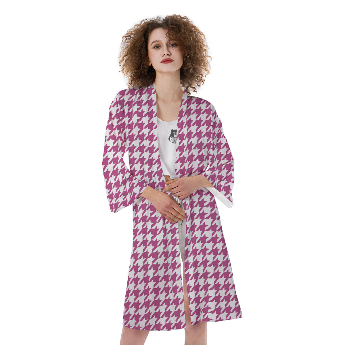 Houndstooth Pink Print Pattern Kimono-grizzshop