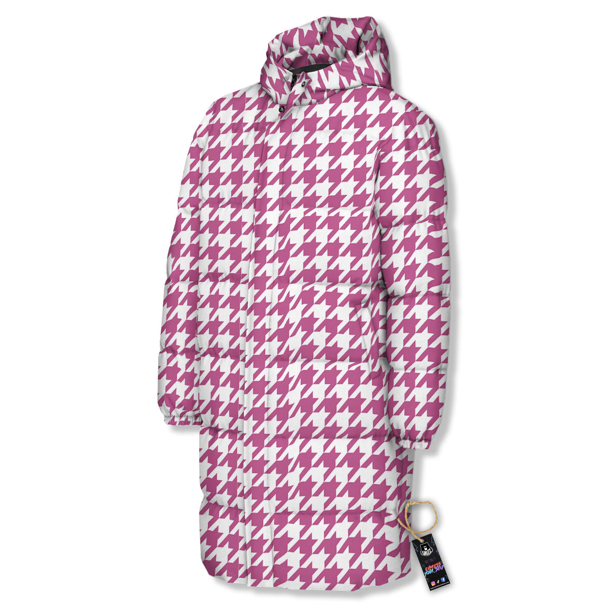 Houndstooth Pink Print Pattern Long Down Jacket-grizzshop
