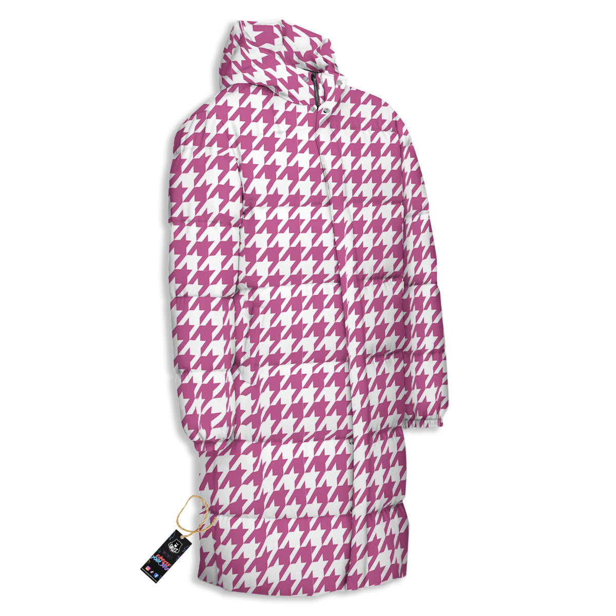 Houndstooth Pink Print Pattern Long Down Jacket-grizzshop