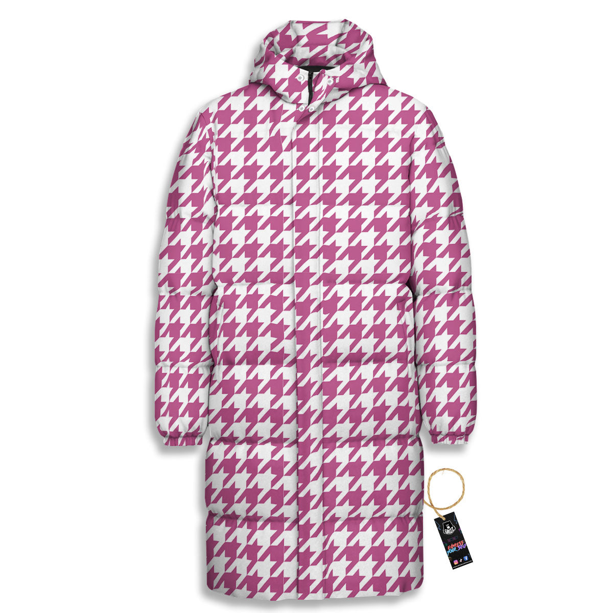 Houndstooth Pink Print Pattern Long Down Jacket-grizzshop
