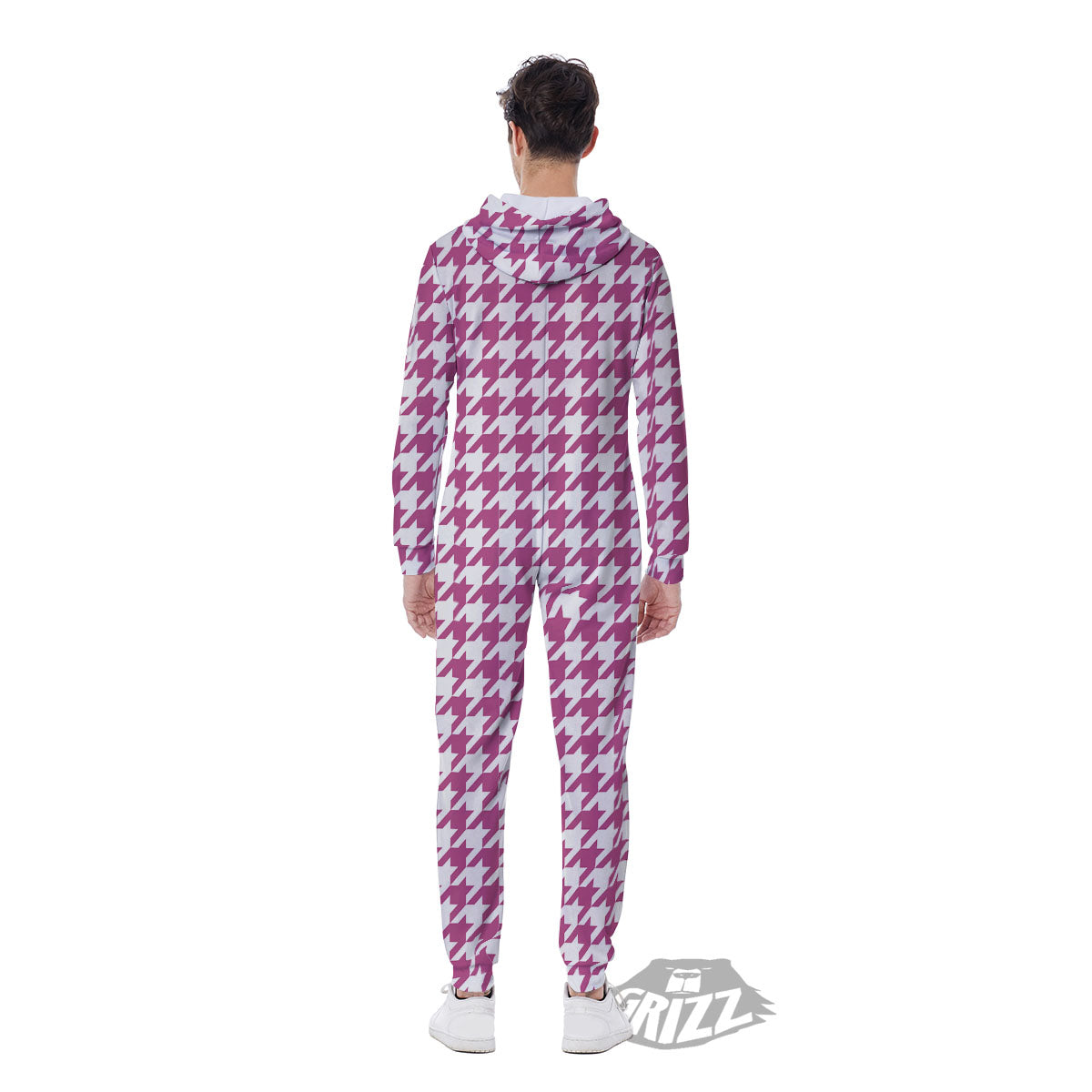 Houndstooth Pink Print Pattern Men's Jumpsuit-grizzshop