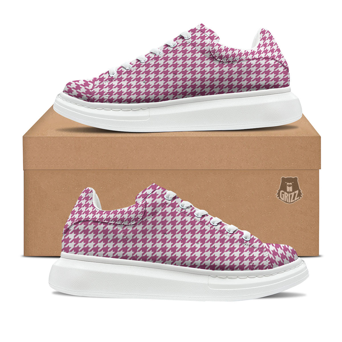 Houndstooth Pink Print Pattern Platform Shoes-grizzshop
