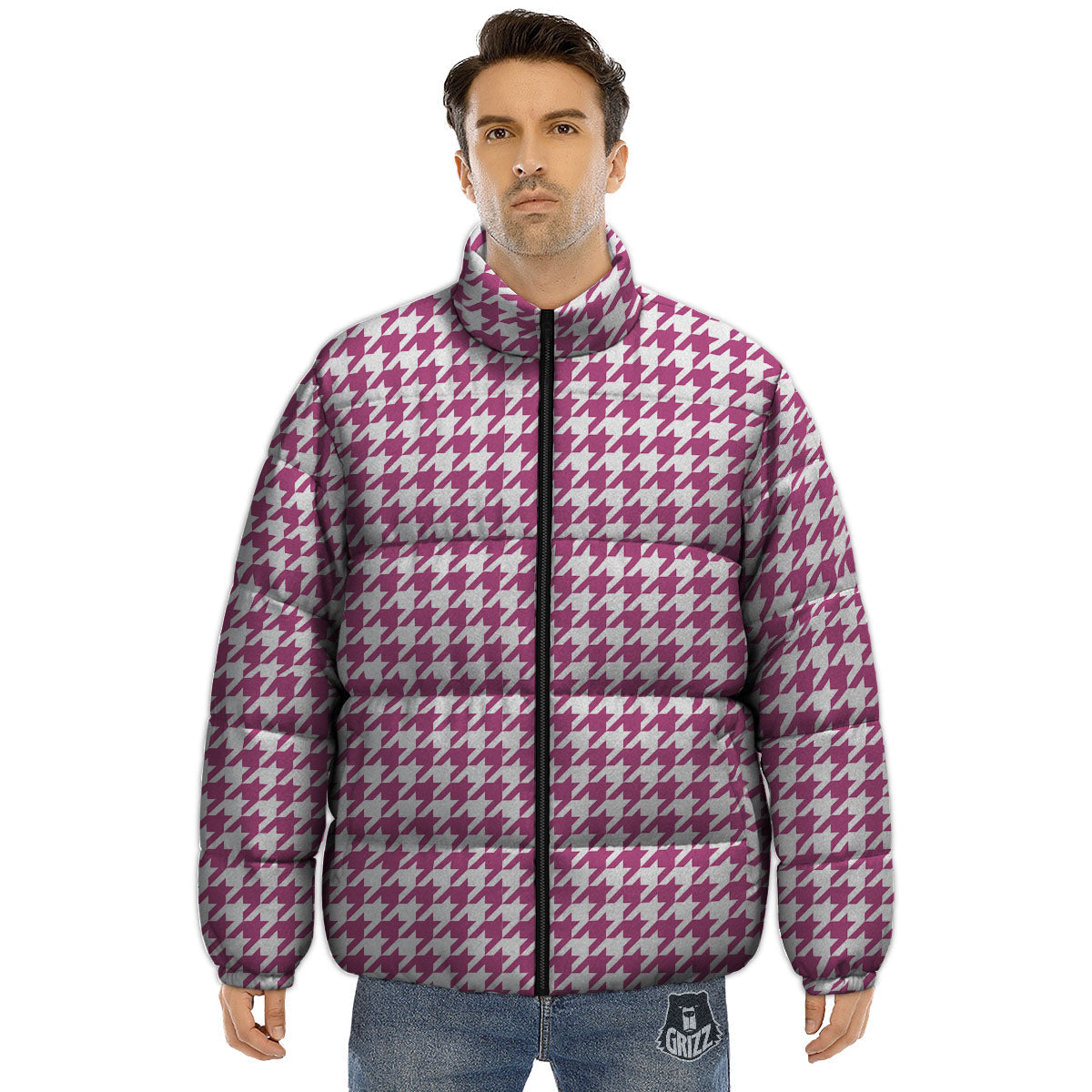 Houndstooth Pink Print Pattern Puffer Jacket-grizzshop
