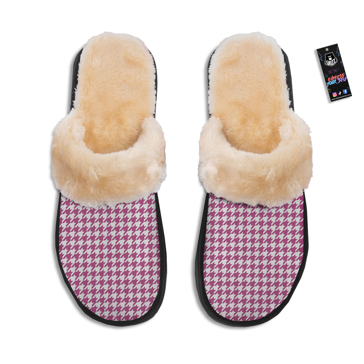 Houndstooth Pink Print Pattern Slippers-grizzshop