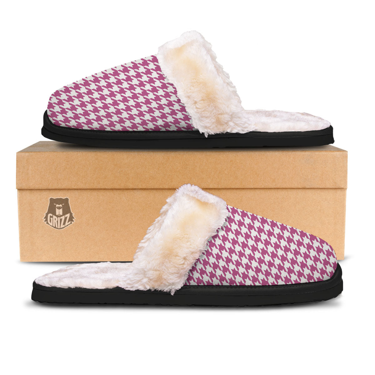 Houndstooth Pink Print Pattern Slippers-grizzshop