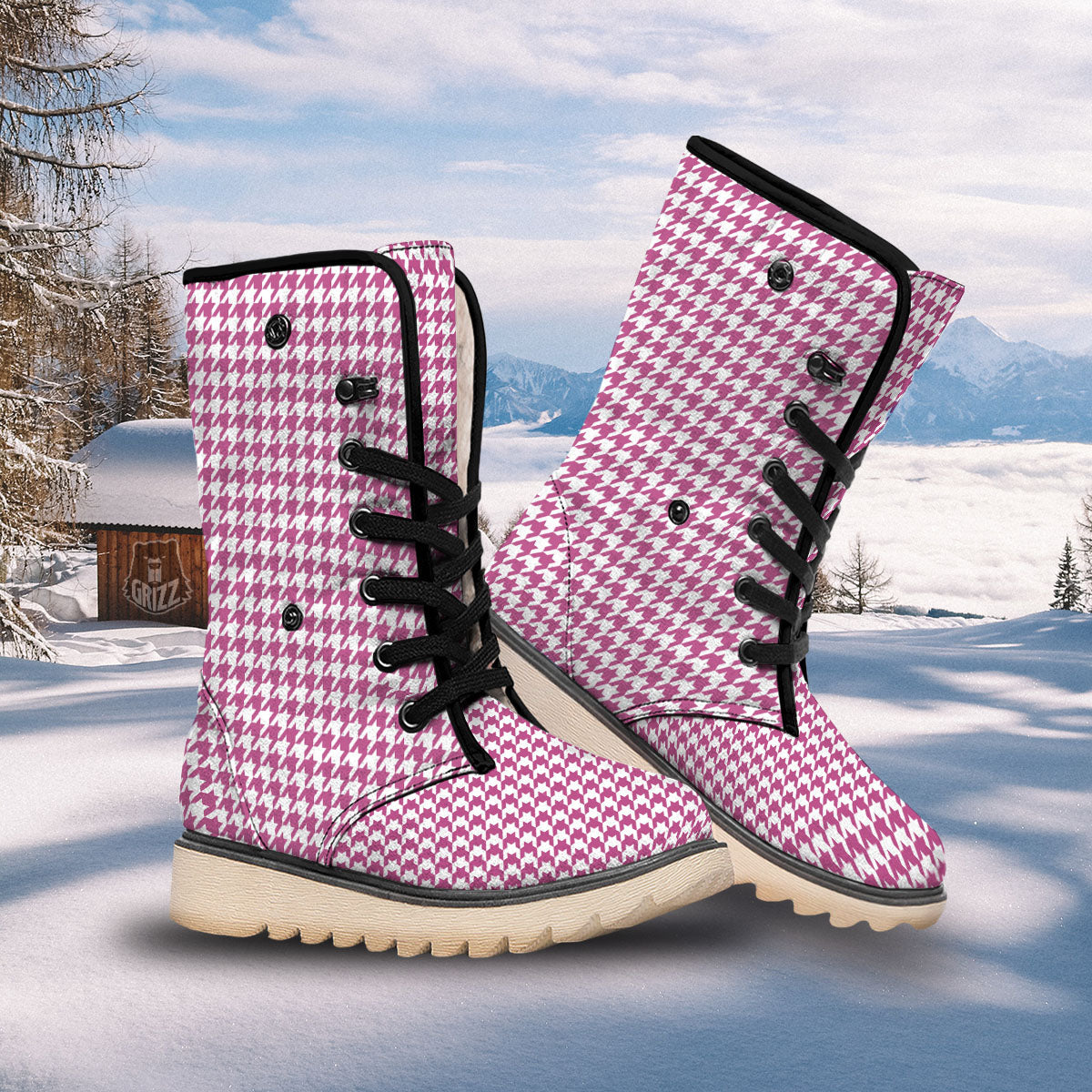 Houndstooth Pink Print Pattern Snow Boots-grizzshop