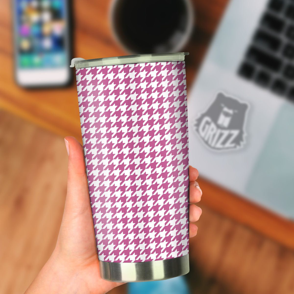 Houndstooth Pink Print Pattern Tumbler-grizzshop
