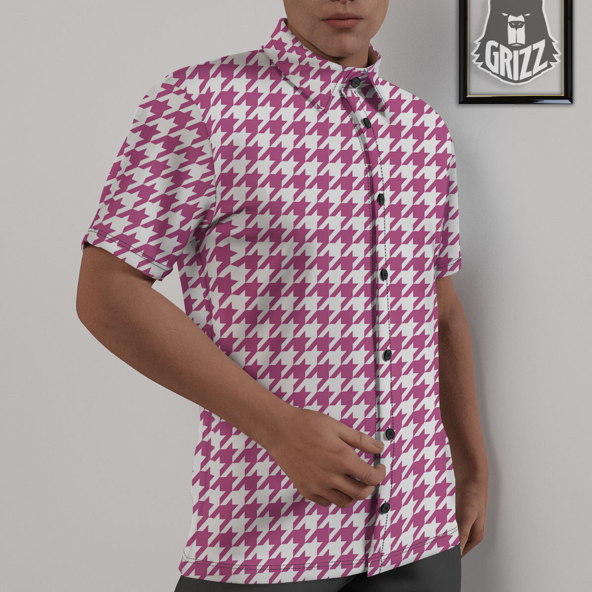 Houndstooth Pink Print Pattern Untucked Shirts-grizzshop