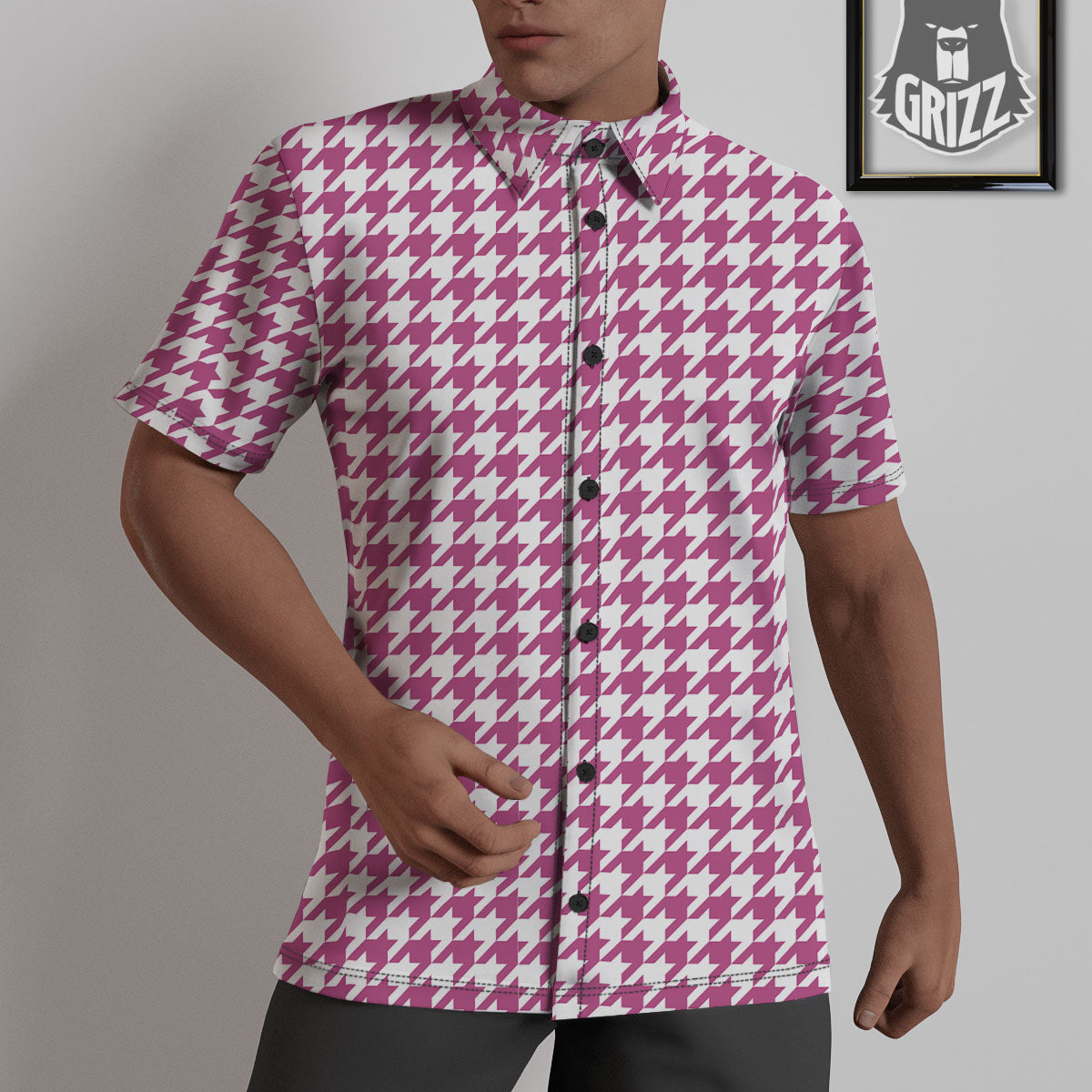 Houndstooth Pink Print Pattern Untucked Shirts-grizzshop