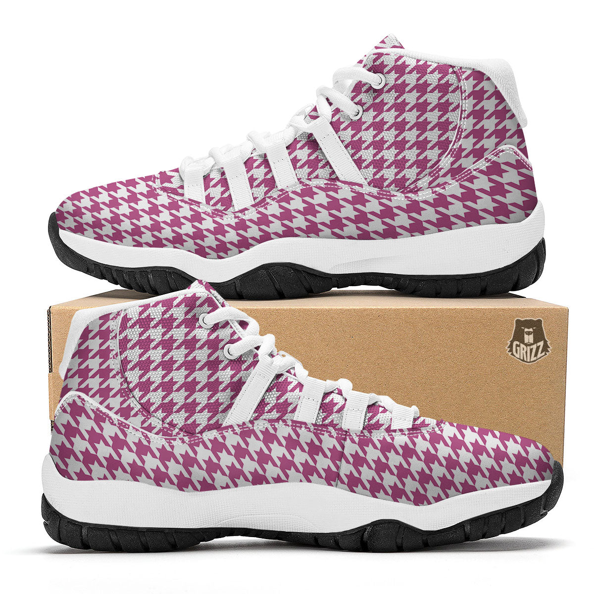 Houndstooth Pink Print Pattern White Bball Shoes-grizzshop