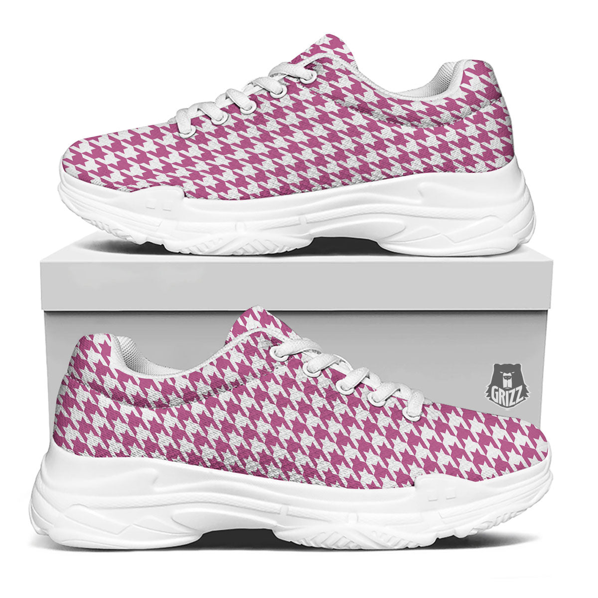 Houndstooth Pink Print Pattern White Chunky Shoes-grizzshop
