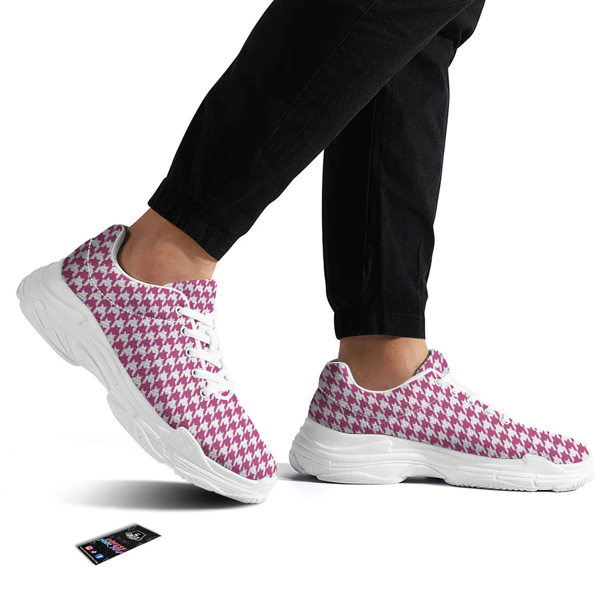 Houndstooth Pink Print Pattern White Chunky Shoes-grizzshop