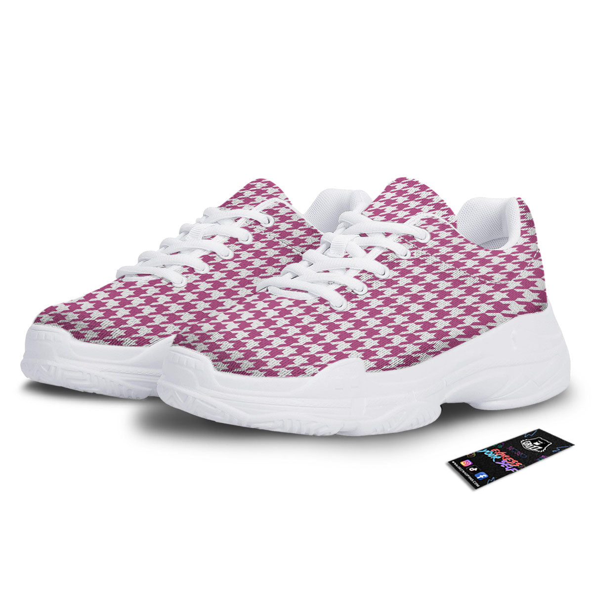 Houndstooth Pink Print Pattern White Chunky Shoes-grizzshop