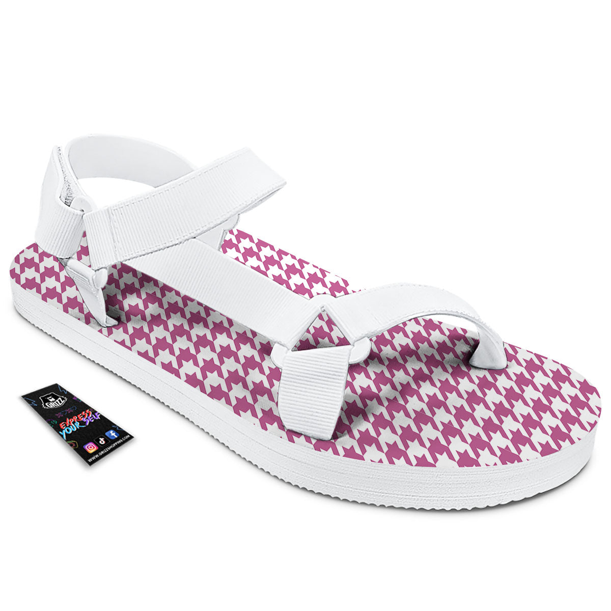 Houndstooth Pink Print Pattern White Open Toe Sandals-grizzshop
