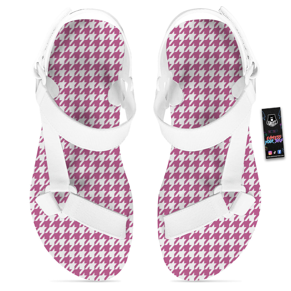 Houndstooth Pink Print Pattern White Open Toe Sandals-grizzshop