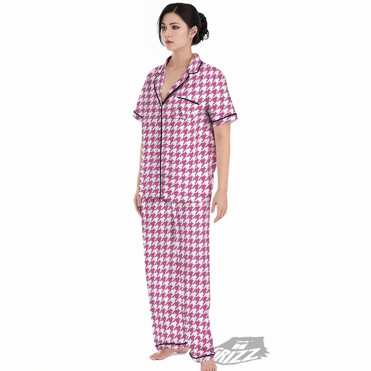 Houndstooth Pink Print Pattern Women's Pajamas Set-grizzshop