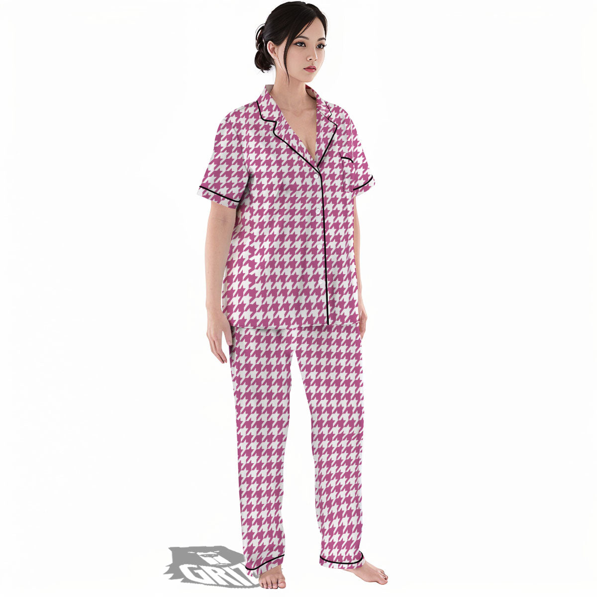 Houndstooth Pink Print Pattern Women's Pajamas Set-grizzshop