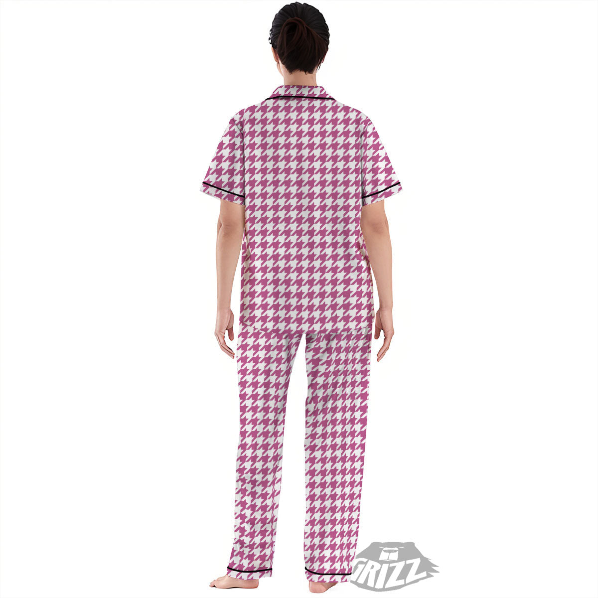 Houndstooth Pink Print Pattern Women's Pajamas Set-grizzshop