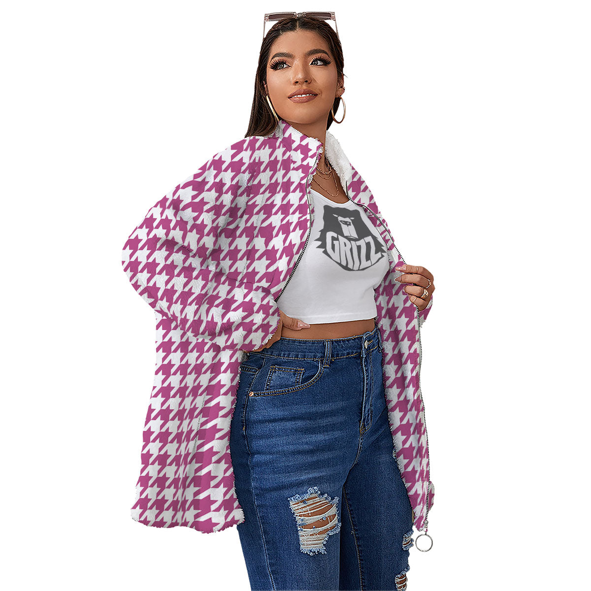 Houndstooth Pink Print Pattern Women's Sherpa Jacket-grizzshop