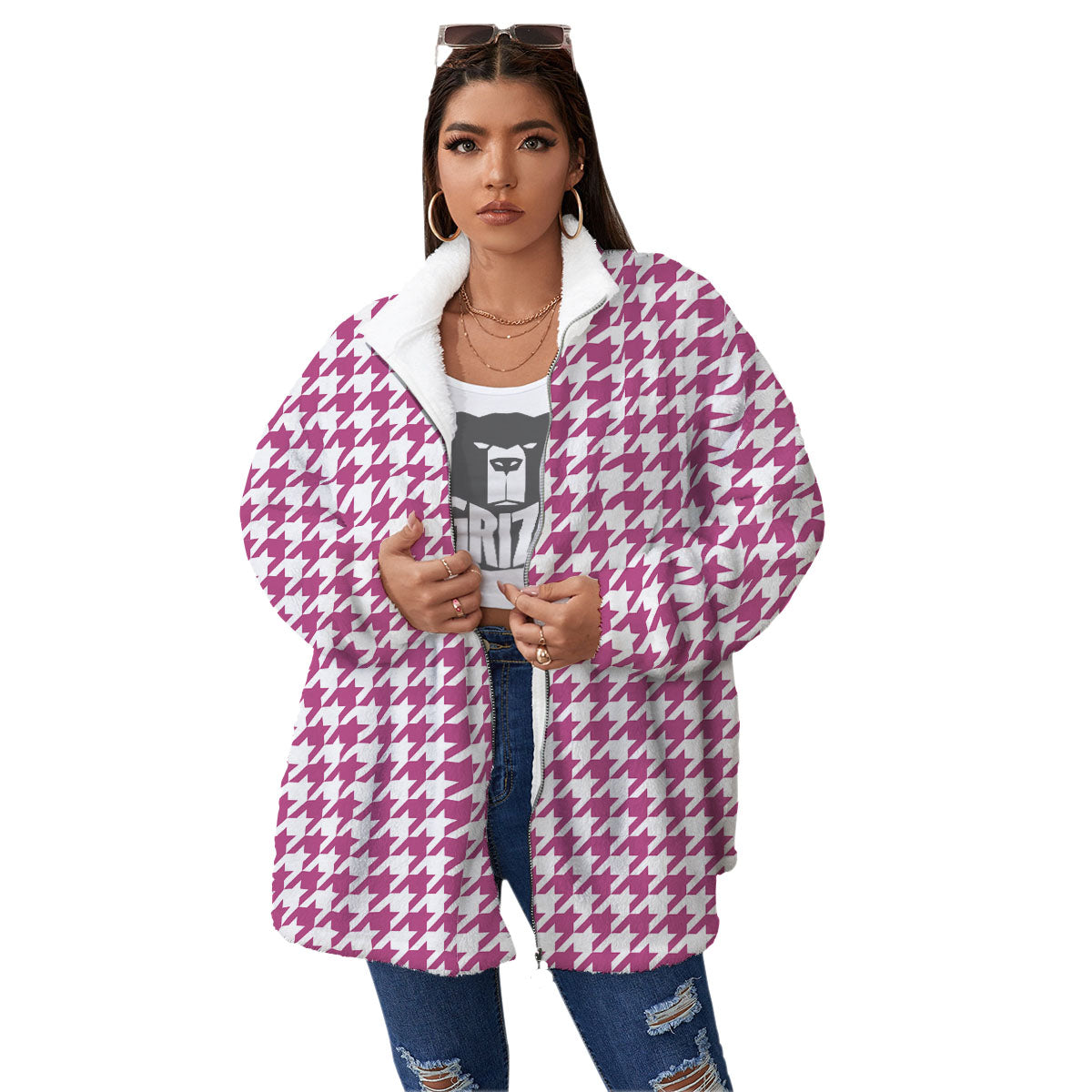 Houndstooth Pink Print Pattern Women's Sherpa Jacket-grizzshop