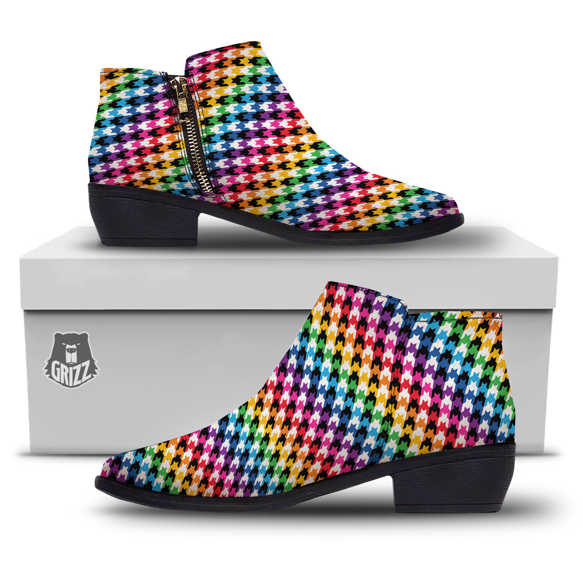 Houndstooth Rainbow Pride Print Pattern Ankle Boots-grizzshop