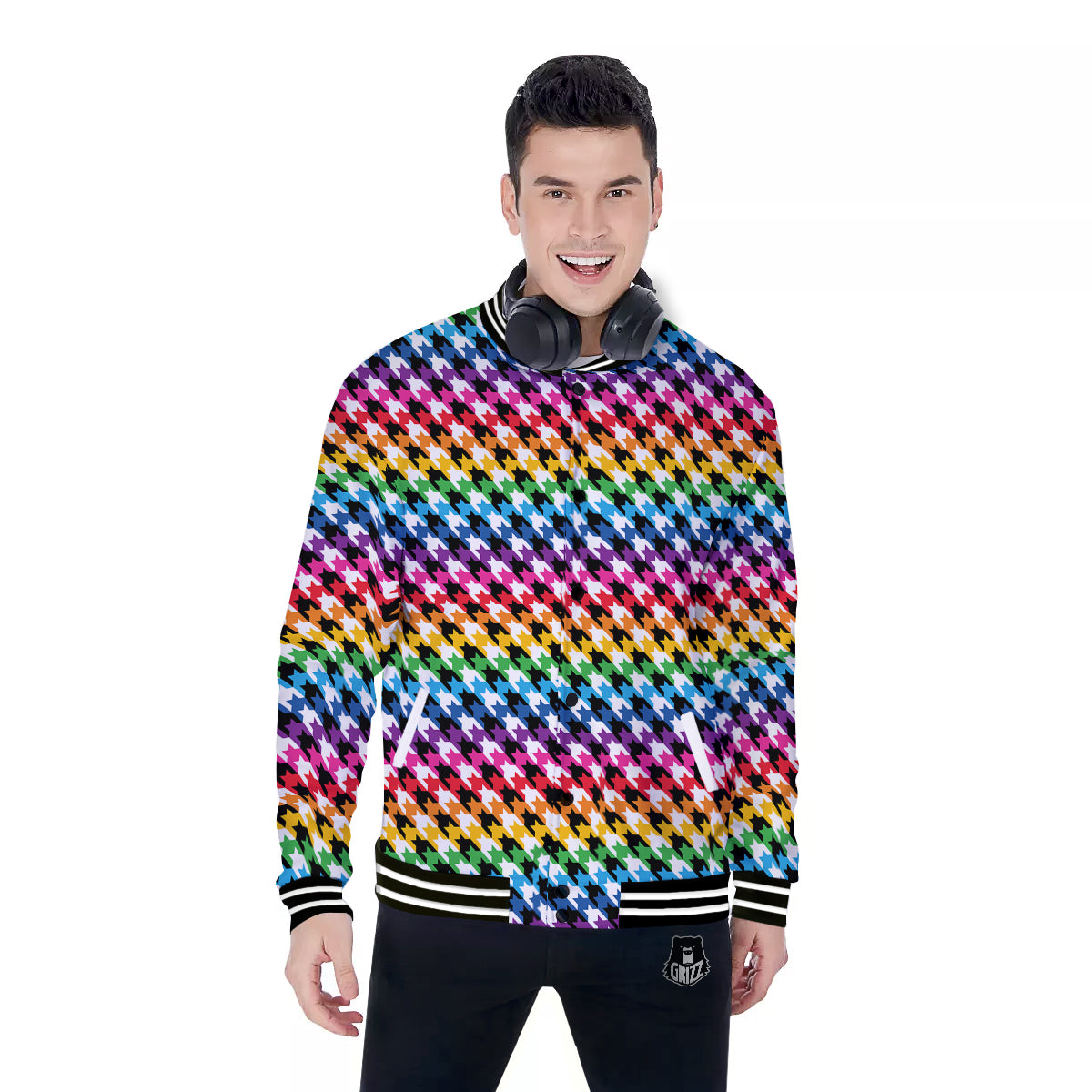 Houndstooth Rainbow Pride Print Pattern Baseball Jacket-grizzshop