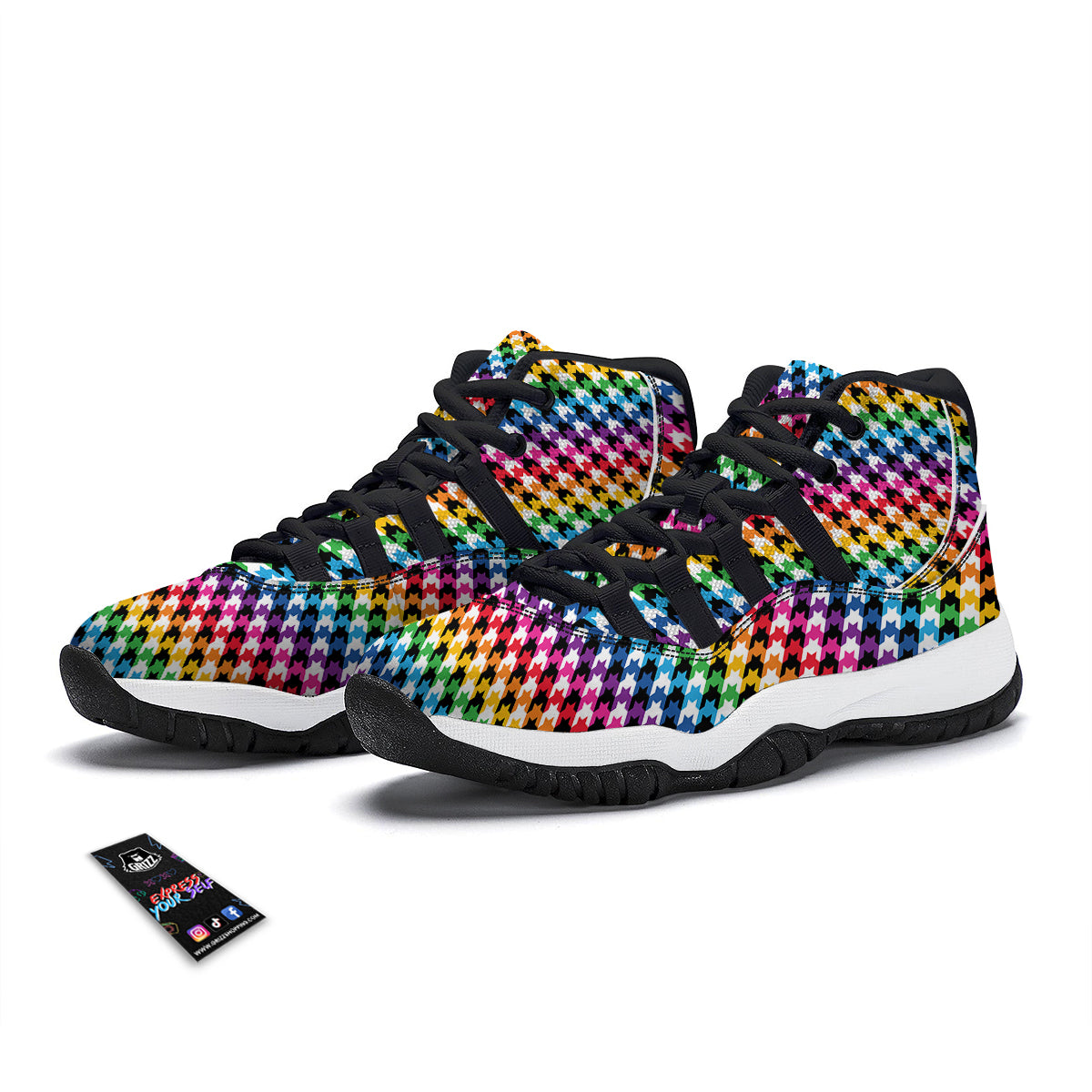 Houndstooth Rainbow Pride Print Pattern Black Bball Shoes-grizzshop