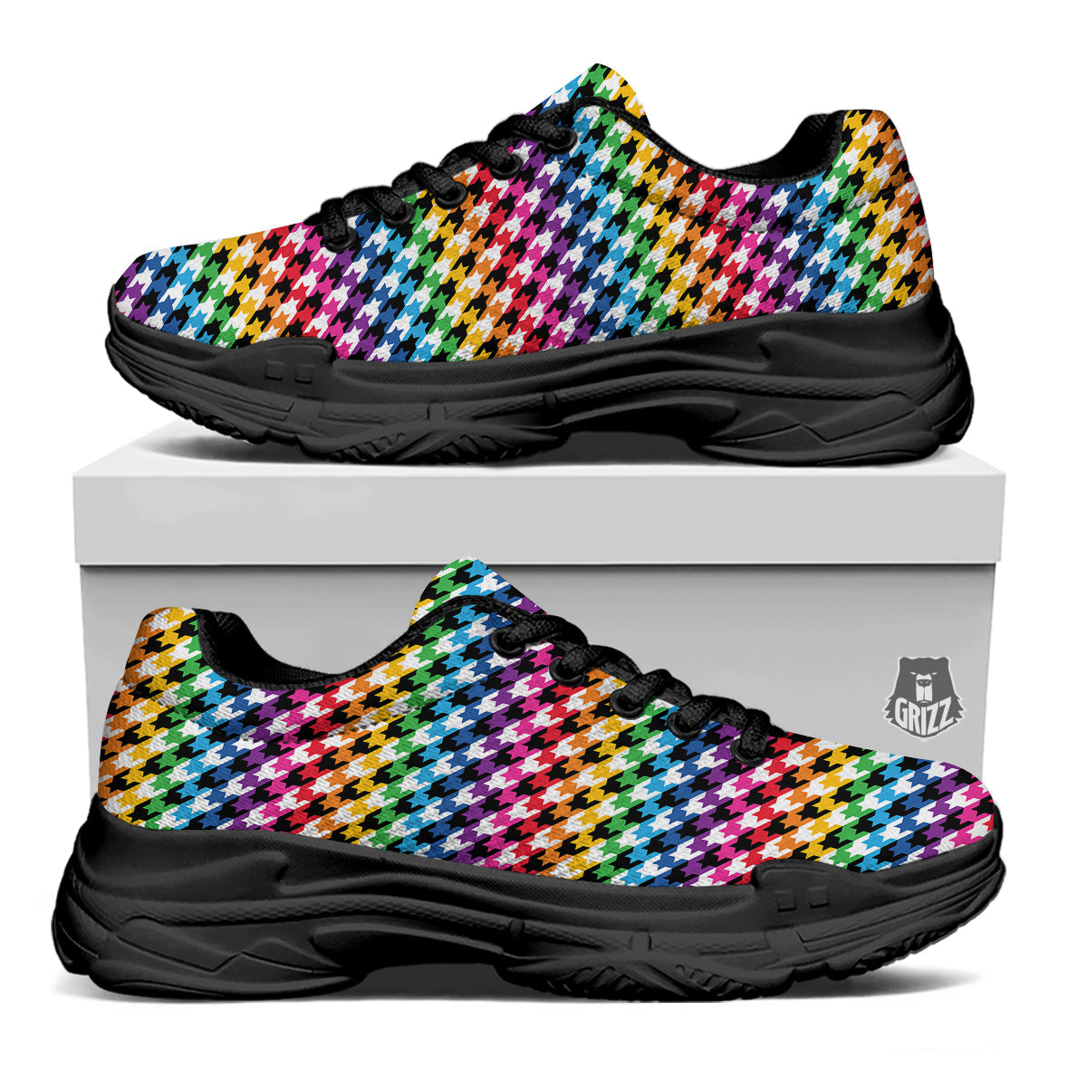 Houndstooth Rainbow Pride Print Pattern Black Chunky Shoes-grizzshop