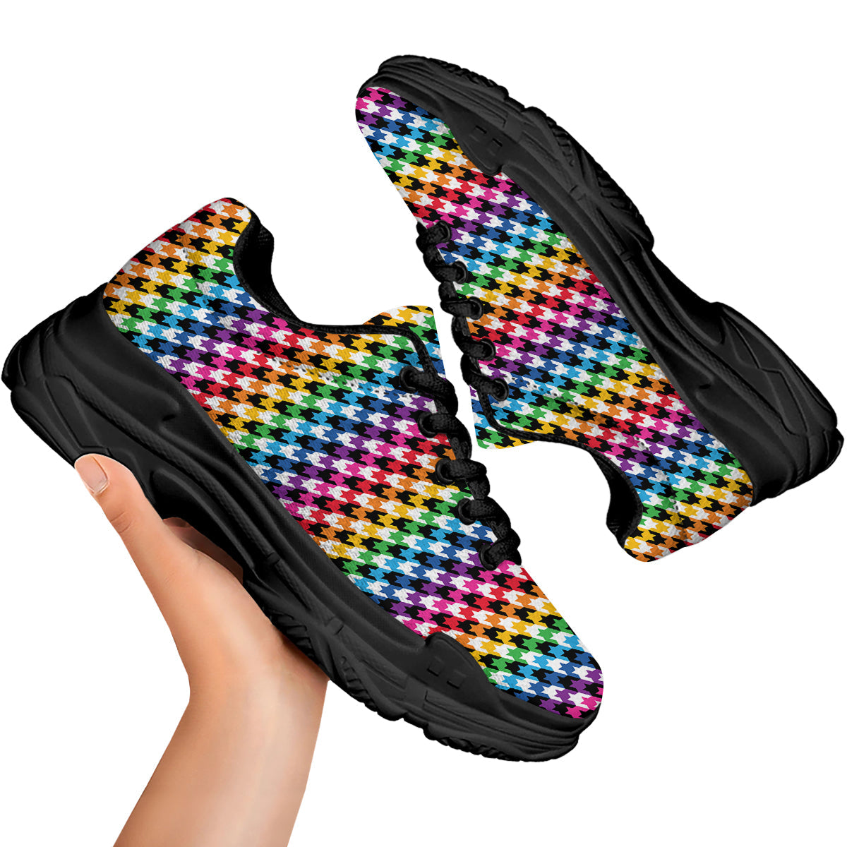 Houndstooth Rainbow Pride Print Pattern Black Chunky Shoes-grizzshop