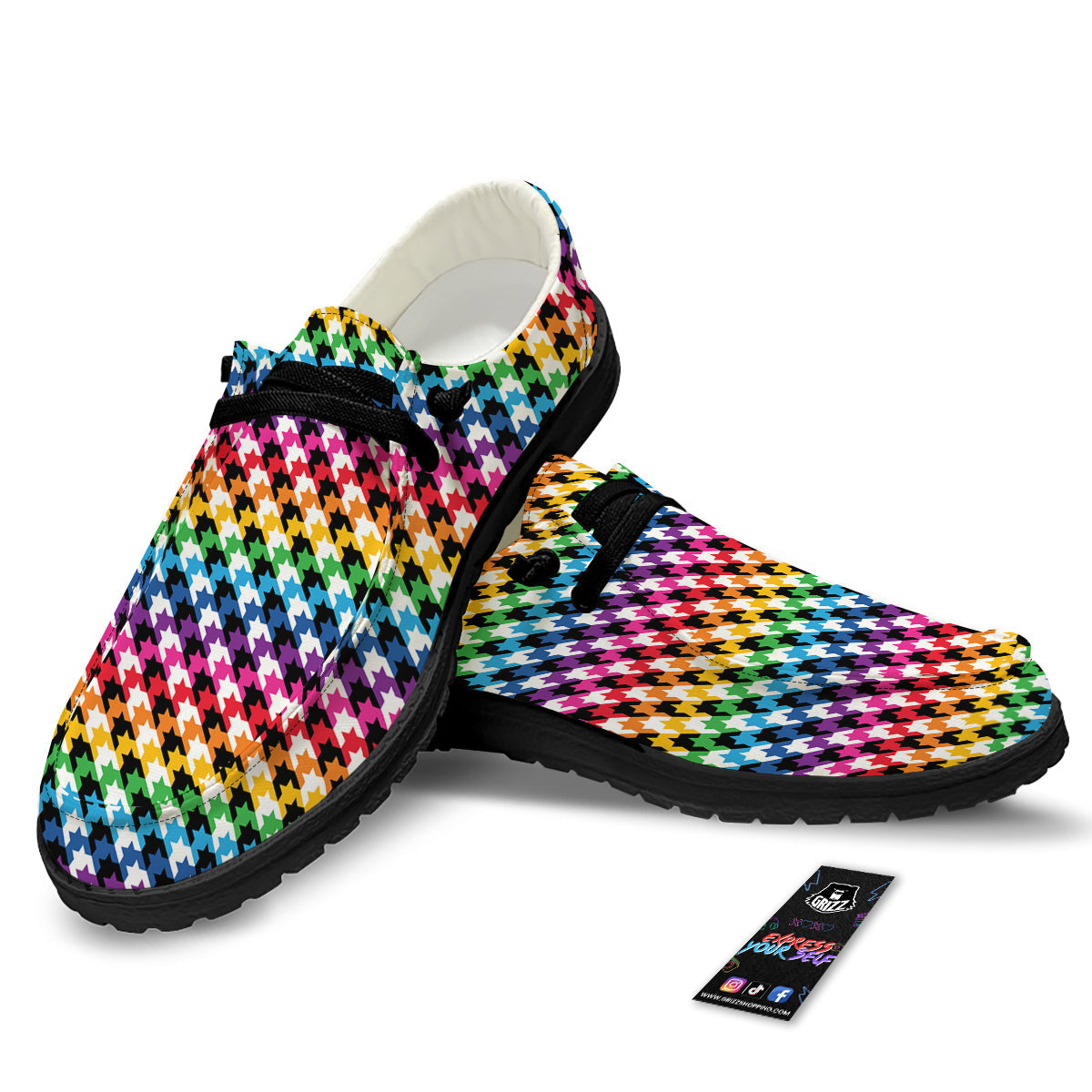 Houndstooth Rainbow Pride Print Pattern Black Loafers-grizzshop