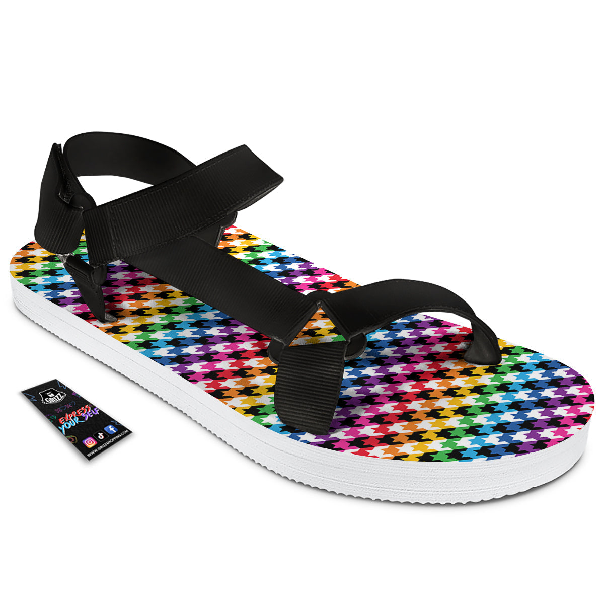 Houndstooth Rainbow Pride Print Pattern Black Open Toe Sandals-grizzshop