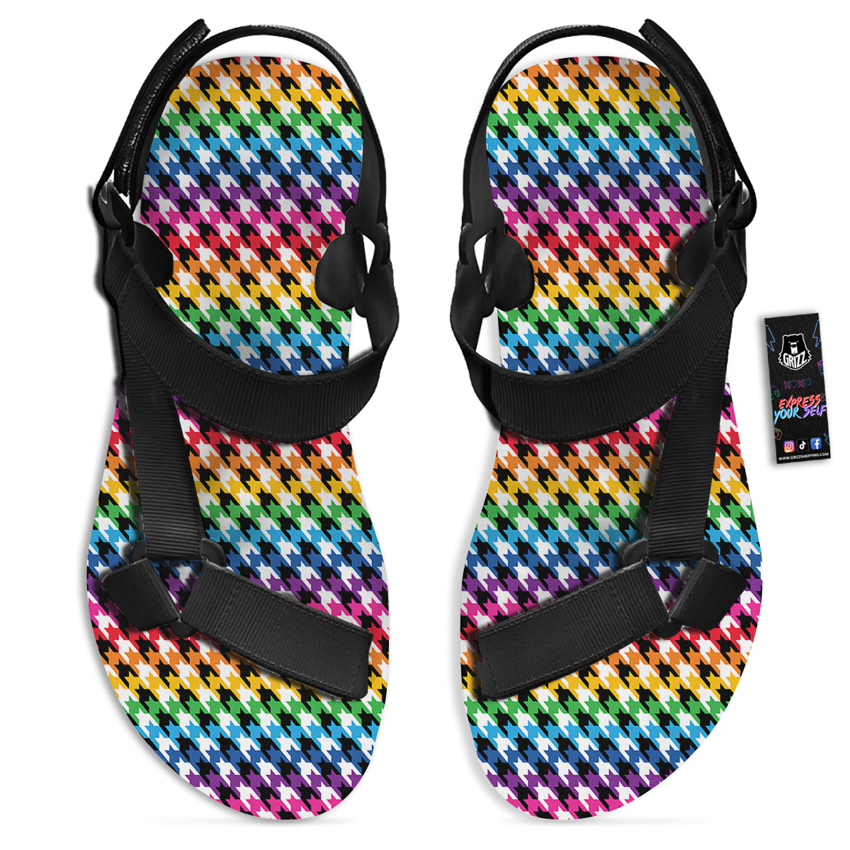 Houndstooth Rainbow Pride Print Pattern Black Open Toe Sandals-grizzshop