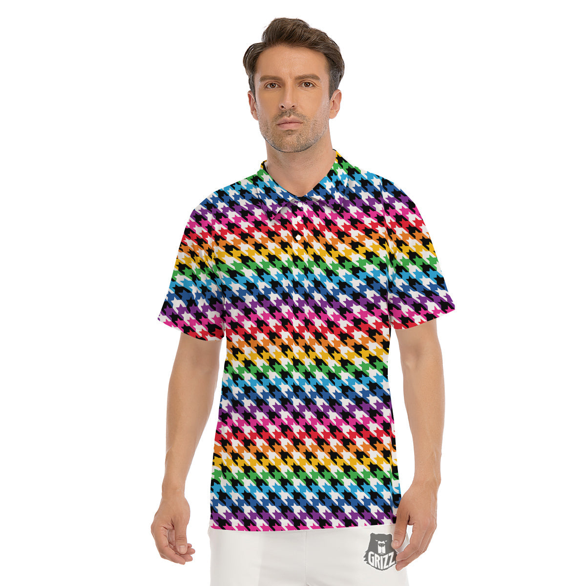 Houndstooth Rainbow Pride Print Pattern Men's Golf Shirts-grizzshop