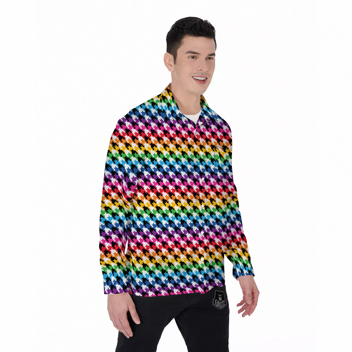 Houndstooth Rainbow Pride Print Pattern Men's Long Sleeve Shirts-grizzshop