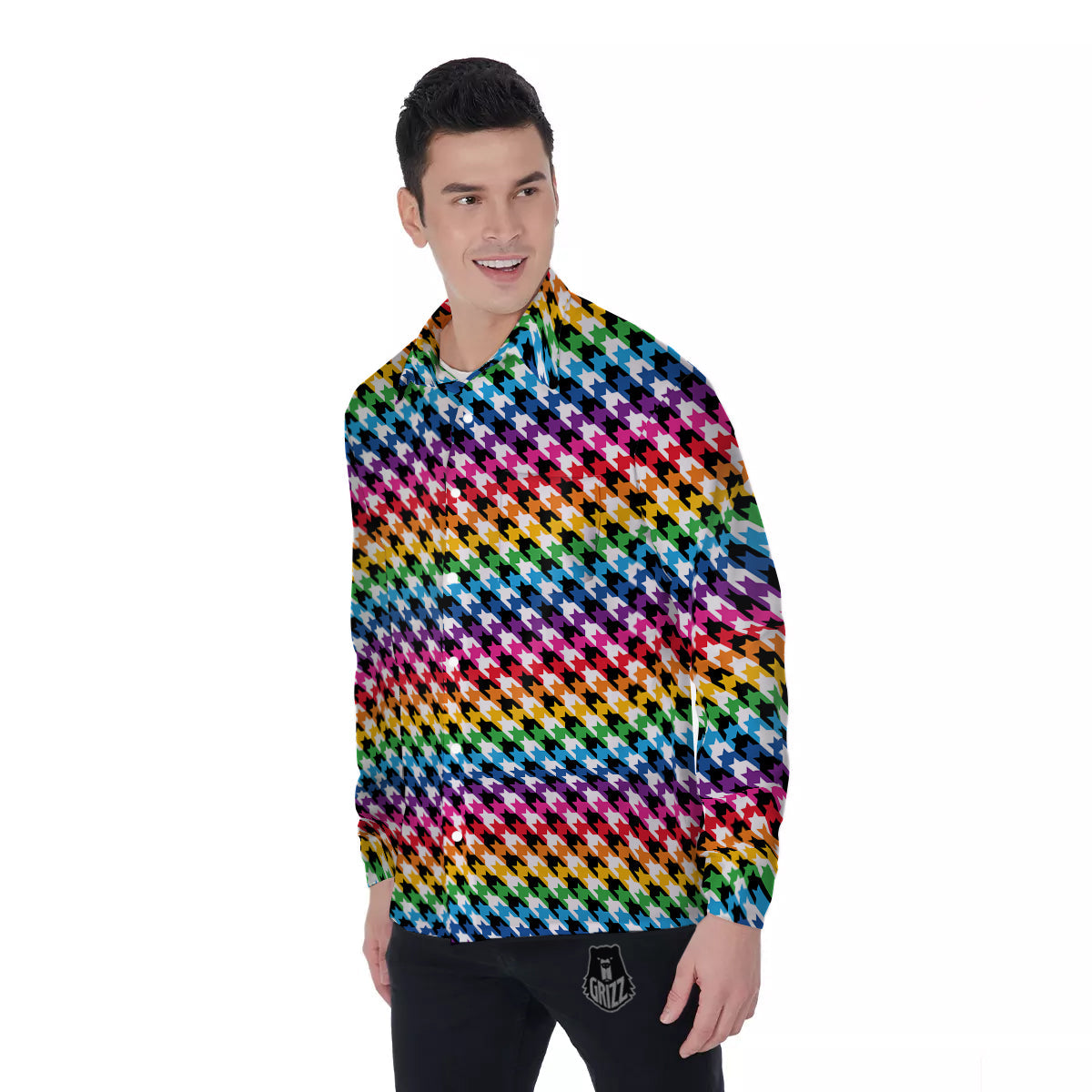 Houndstooth Rainbow Pride Print Pattern Men's Long Sleeve Shirts-grizzshop