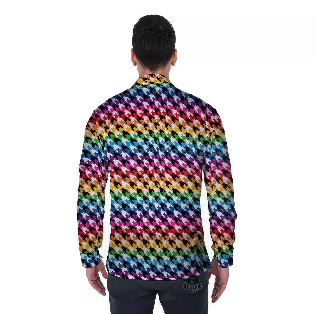 Houndstooth Rainbow Pride Print Pattern Men's Long Sleeve Shirts-grizzshop