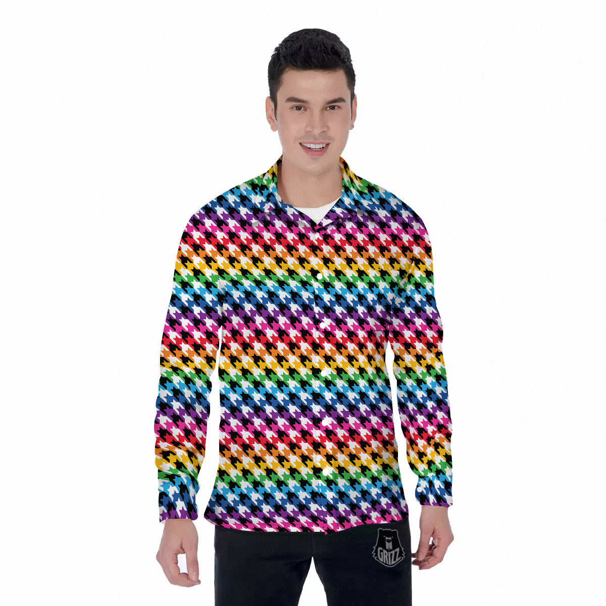 Houndstooth Rainbow Pride Print Pattern Men's Long Sleeve Shirts-grizzshop