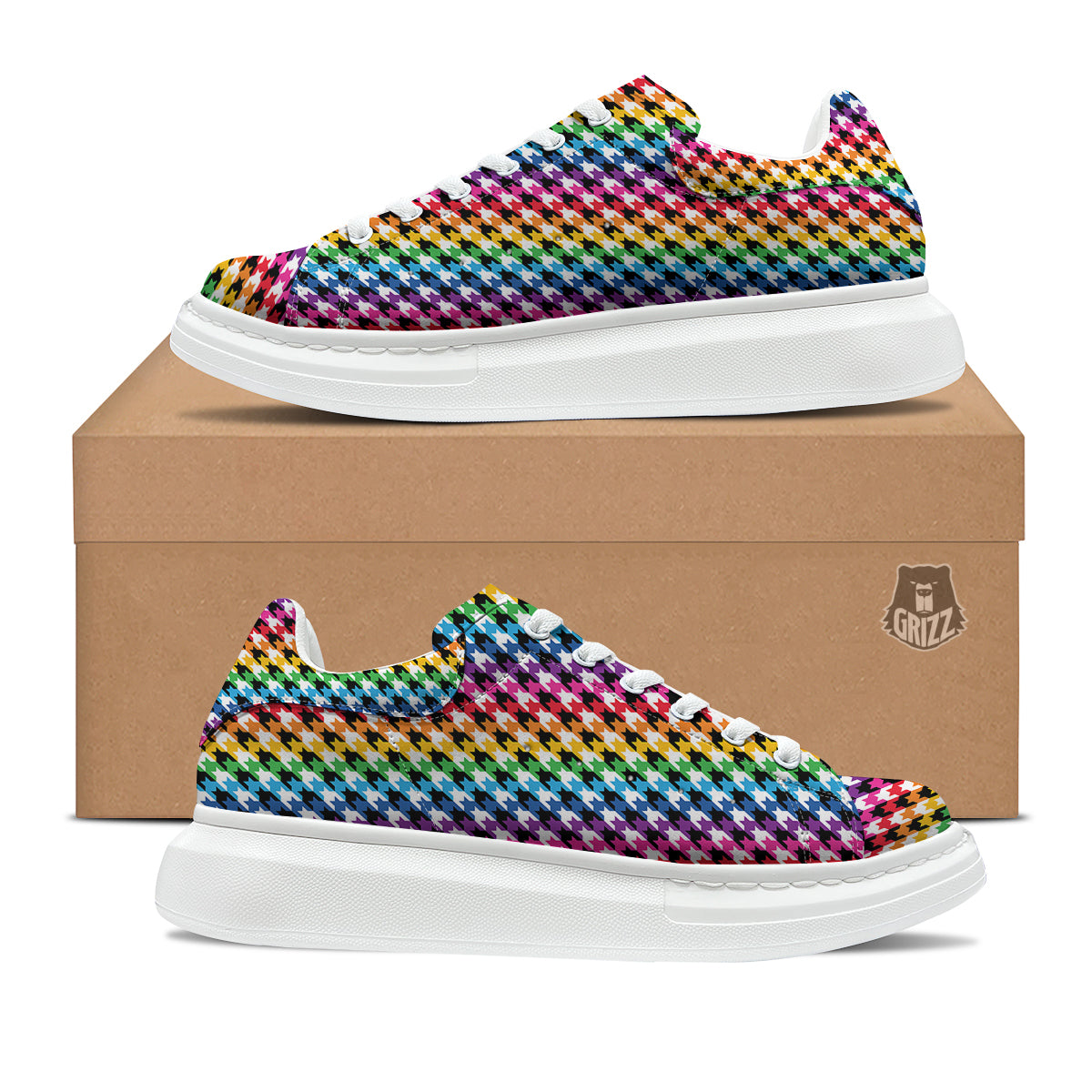 Houndstooth Rainbow Pride Print Pattern Platform Shoes-grizzshop