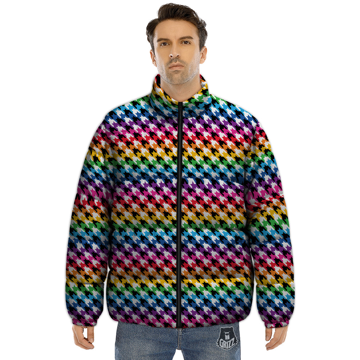 Houndstooth Rainbow Pride Print Pattern Puffer Jacket-grizzshop