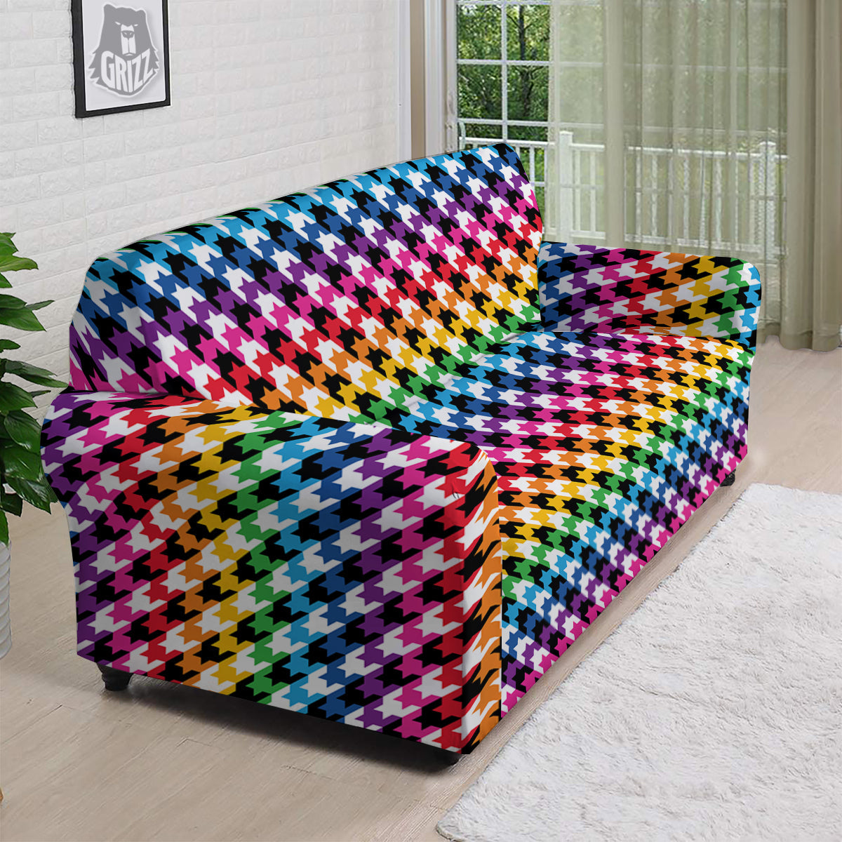 Houndstooth Rainbow Pride Print Pattern Sofa Cover-grizzshop