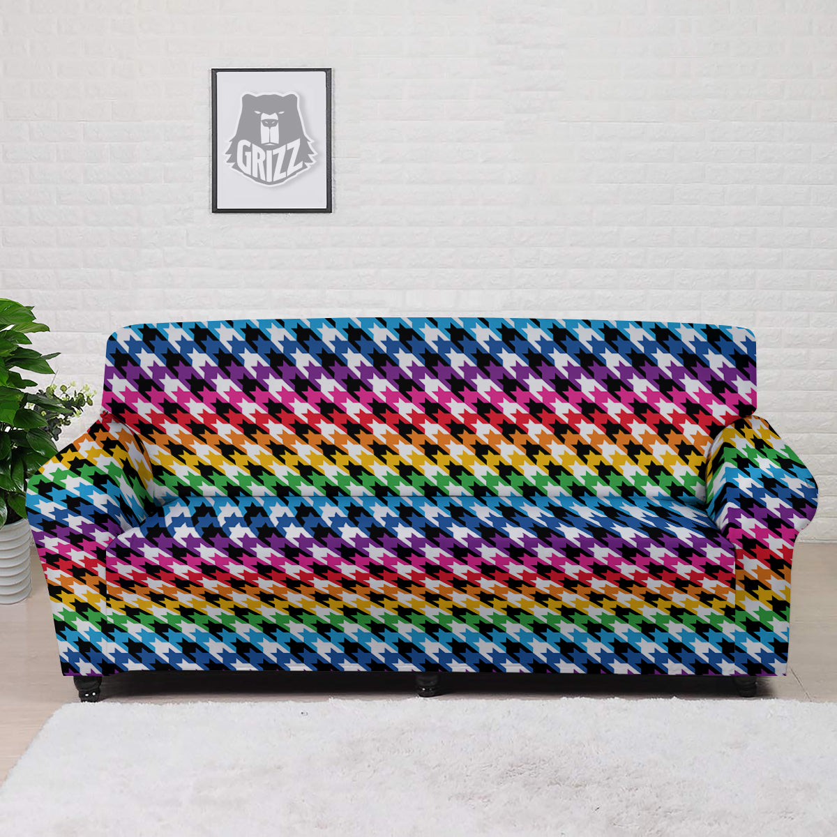 Houndstooth Rainbow Pride Print Pattern Sofa Cover-grizzshop