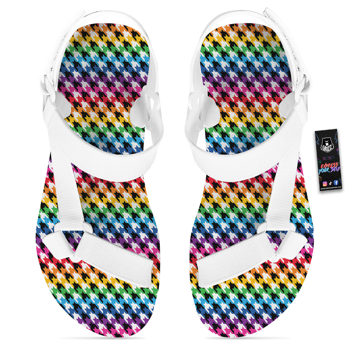 Houndstooth Rainbow Pride Print Pattern White Open Toe Sandals-grizzshop